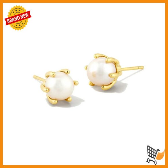 Jewelry - Gold-Plated Brass Pearl Stud Earrings, 0.36"L, Push Back, Elegant